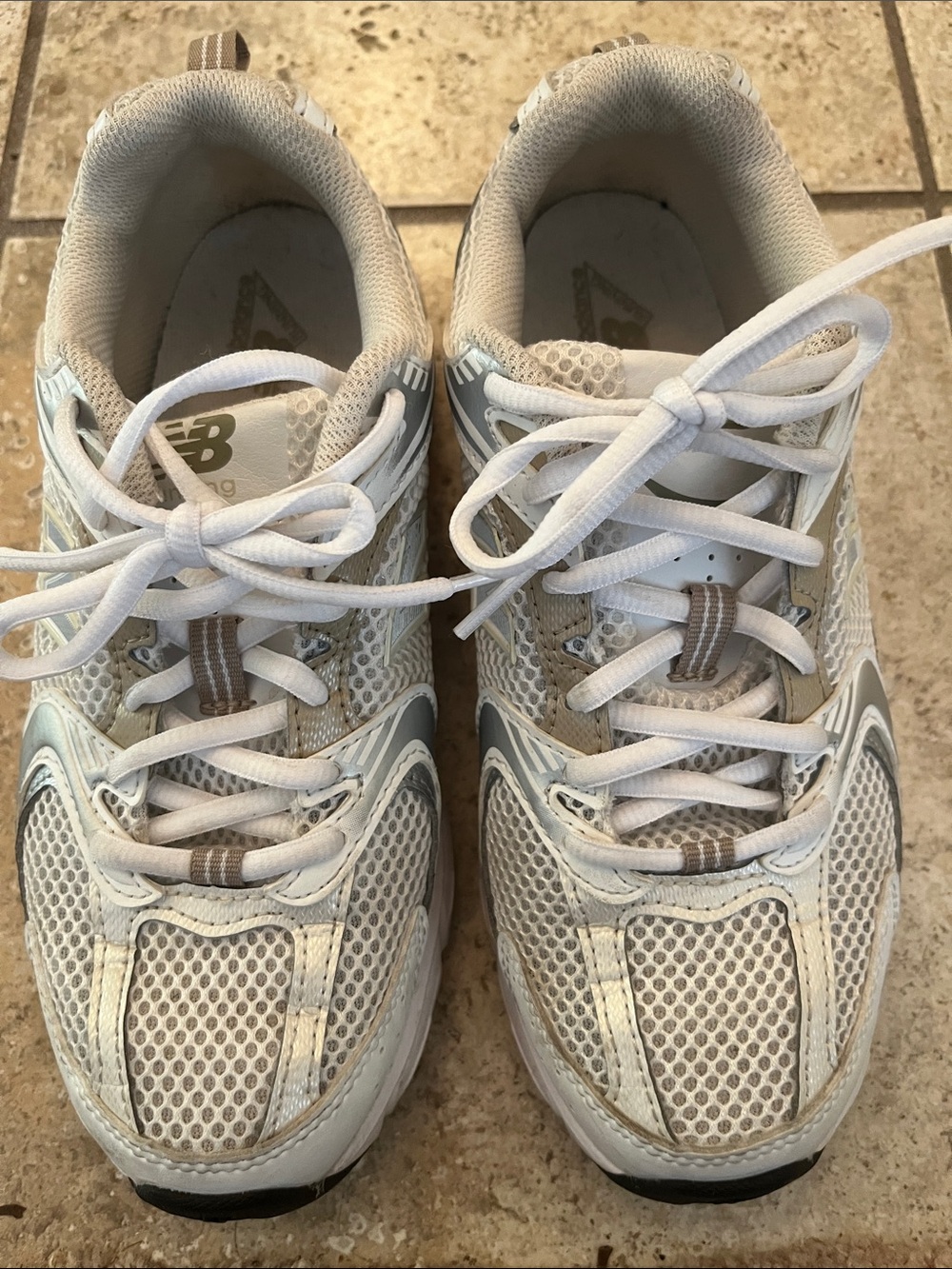New Balance Women White Mesh Sneakers with gold  Accents